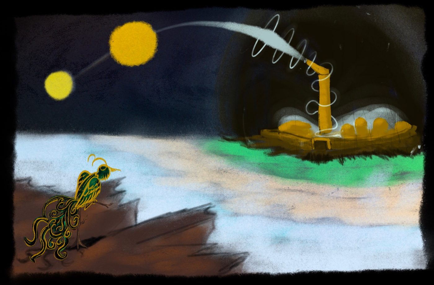 The Simurgh on a cliff above the ice, two suns, and a trail of light from a distant palace